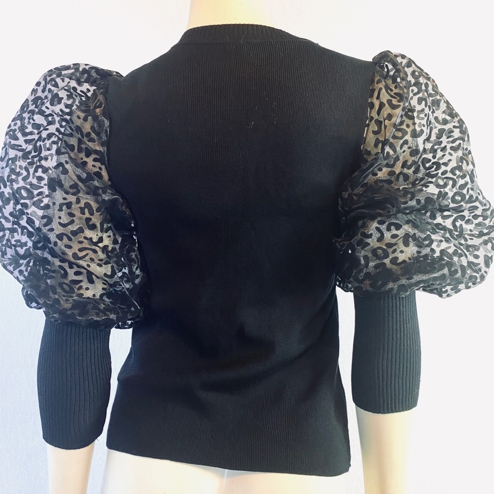 Secret Black Blouse Puff Sleeves Animal Print Top - Picture 3 of 5